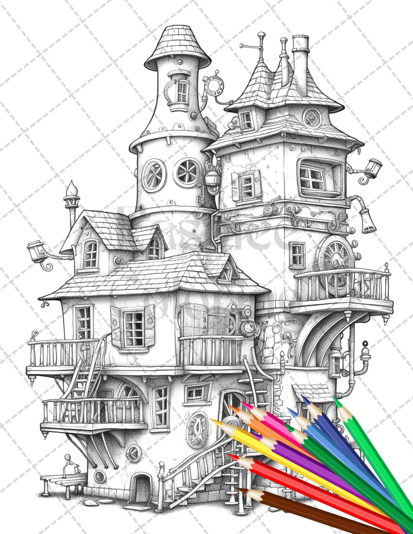 50 Steampunk Houses Grayscale Coloring Pages Printable for Adults, PDF File Instant Download