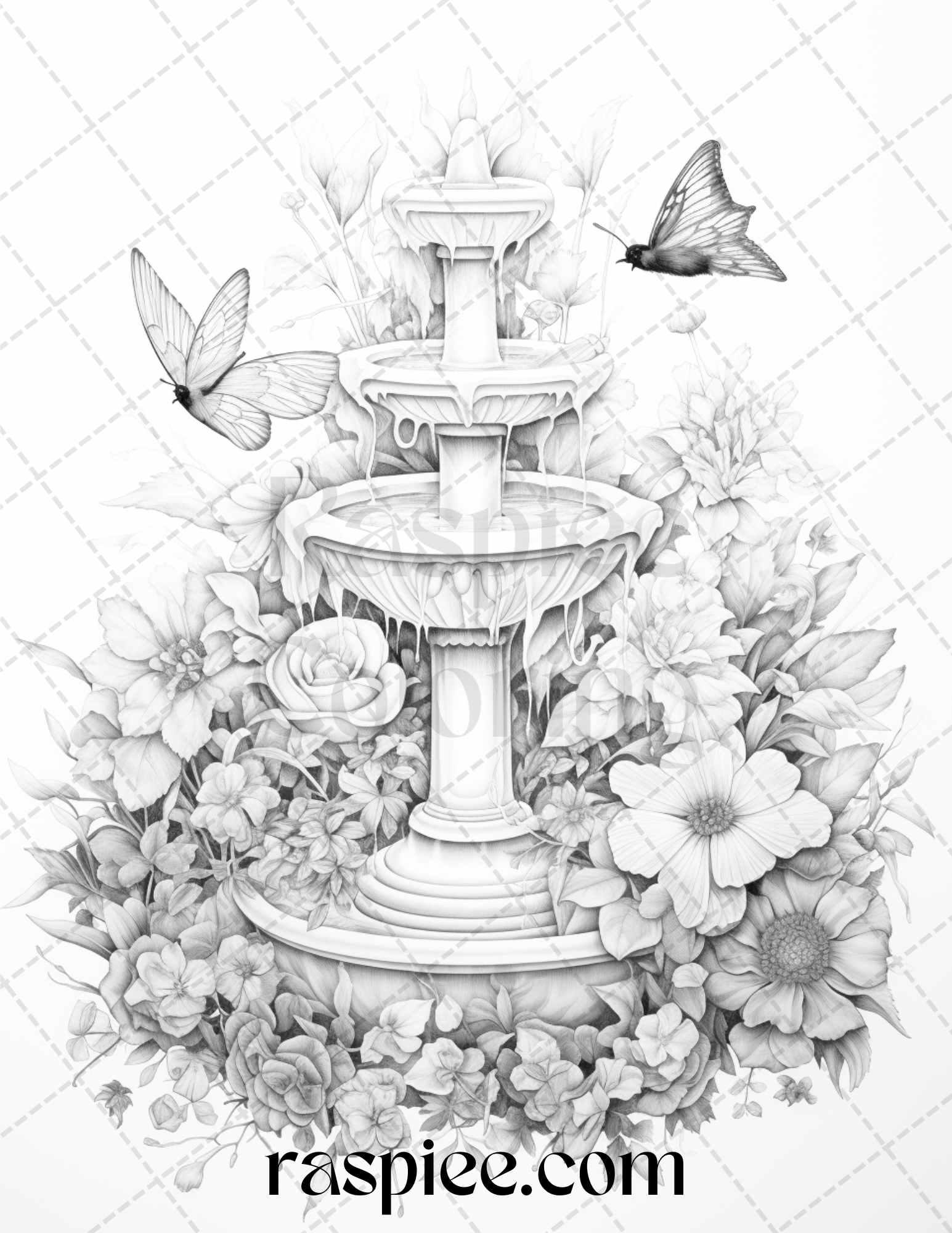 32 Blooming Fountains Grayscale Coloring Pages Printable for Adults, PDF File Instant Download