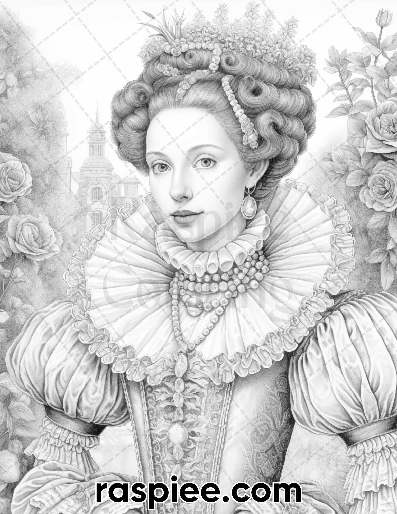 65 Elizabethan Women Portraits Grayscale Adult Coloring Pages, Printable PDF Instant Download