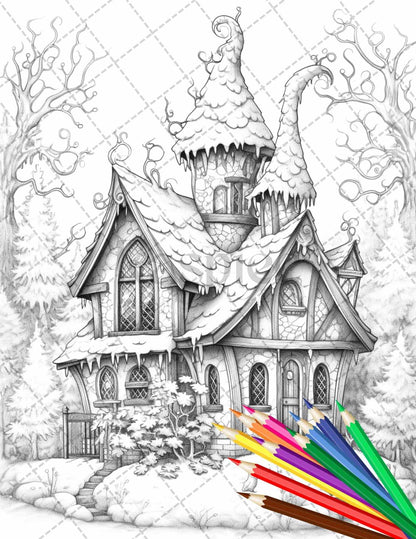 63 Winter Fairy Houses Grayscale Coloring Pages Printable for Adults, PDF File Instant Download