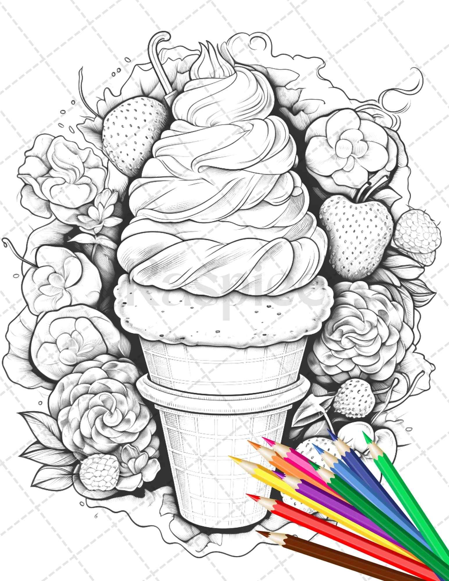 52 Printable Ice Cream Desserts Coloring Pages for Adults and Kids, Grayscale Coloring Page, PDF File Instant Download