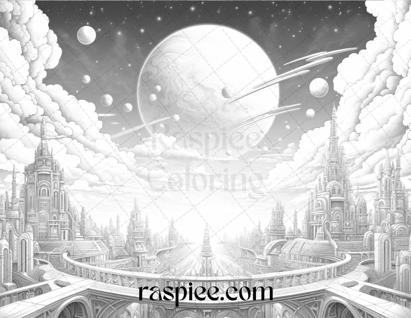 55 Celestial Landscapes Grayscale Coloring Pages Printable for Adults, PDF File Instant Download