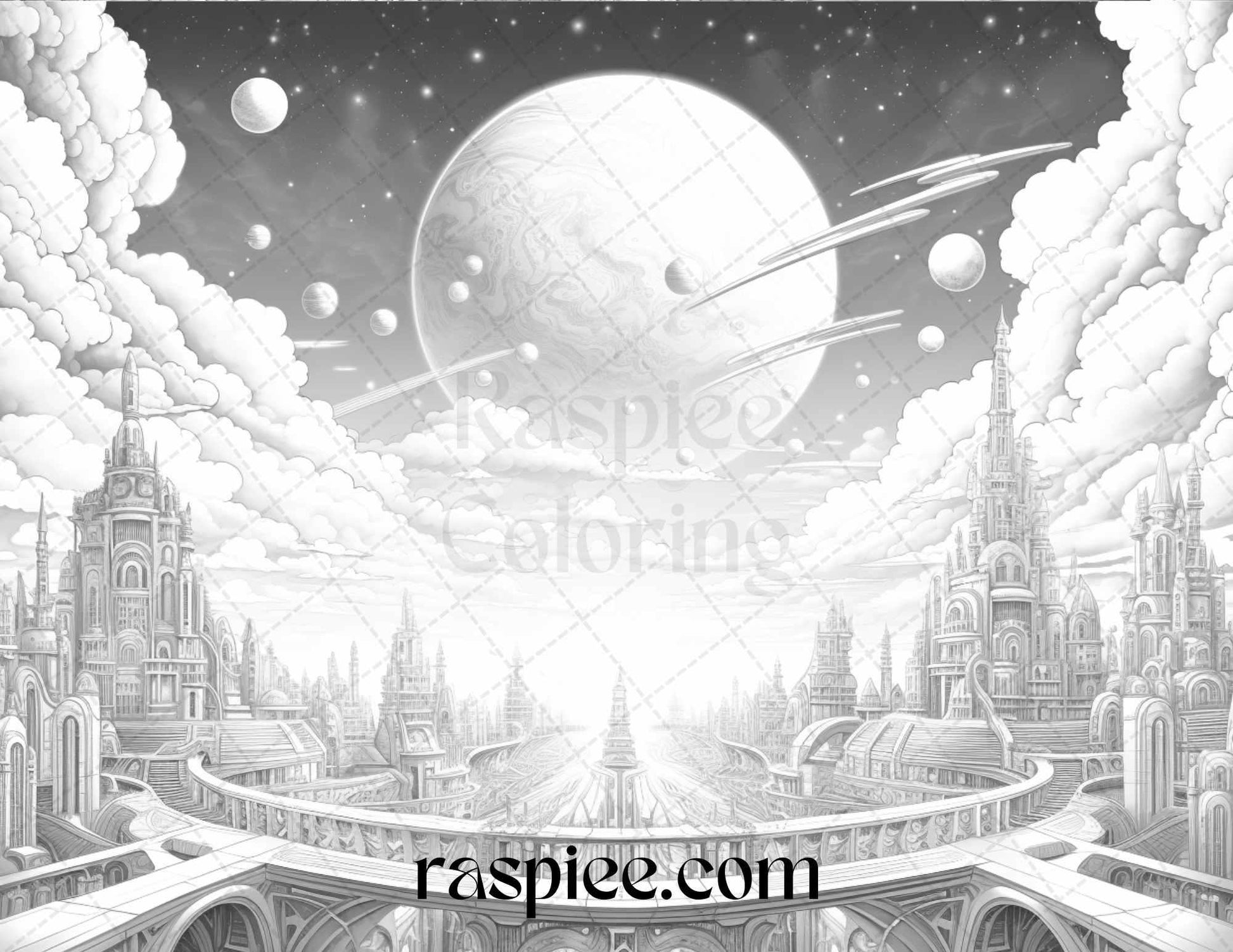 55 Celestial Landscapes Grayscale Coloring Pages Printable for Adults, PDF File Instant Download