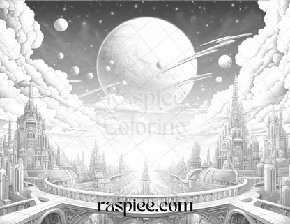 55 Celestial Landscapes Grayscale Coloring Pages Printable for Adults, PDF File Instant Download
