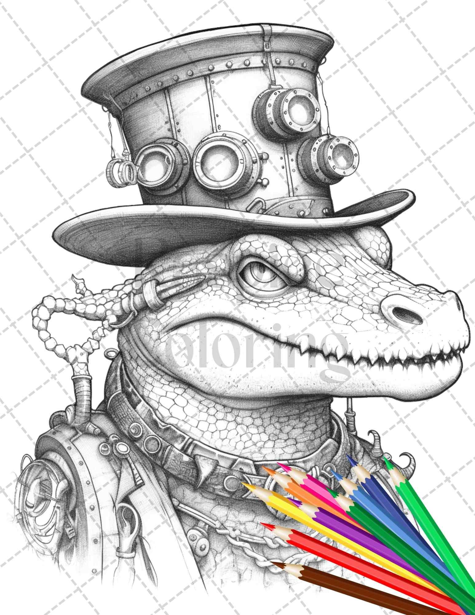 60 Steampunk Animals Grayscale Coloring Pages Printable for Adults, PDF File Instant Download