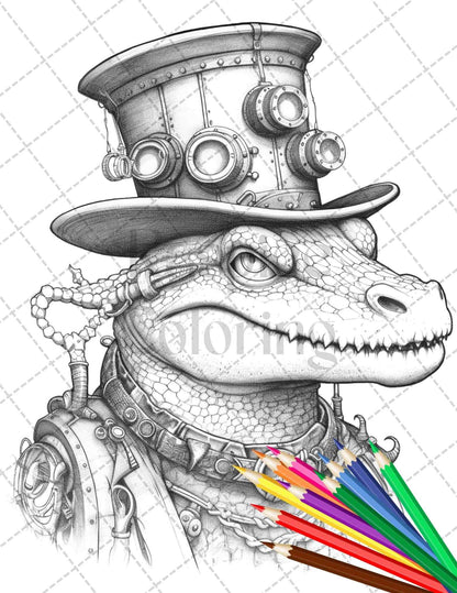 60 Steampunk Animals Grayscale Coloring Pages Printable for Adults, PDF File Instant Download