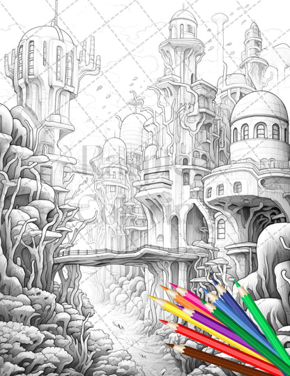 Enchanted Underwater City Grayscale Coloring Pages Printable for Adults, PDF File Instant Download