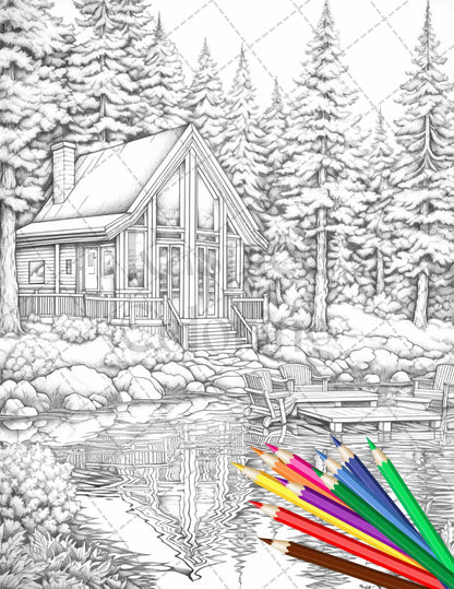 Lake Cabin Scenery Grayscale Coloring Pages Printable for Adults, PDF File Instant Download