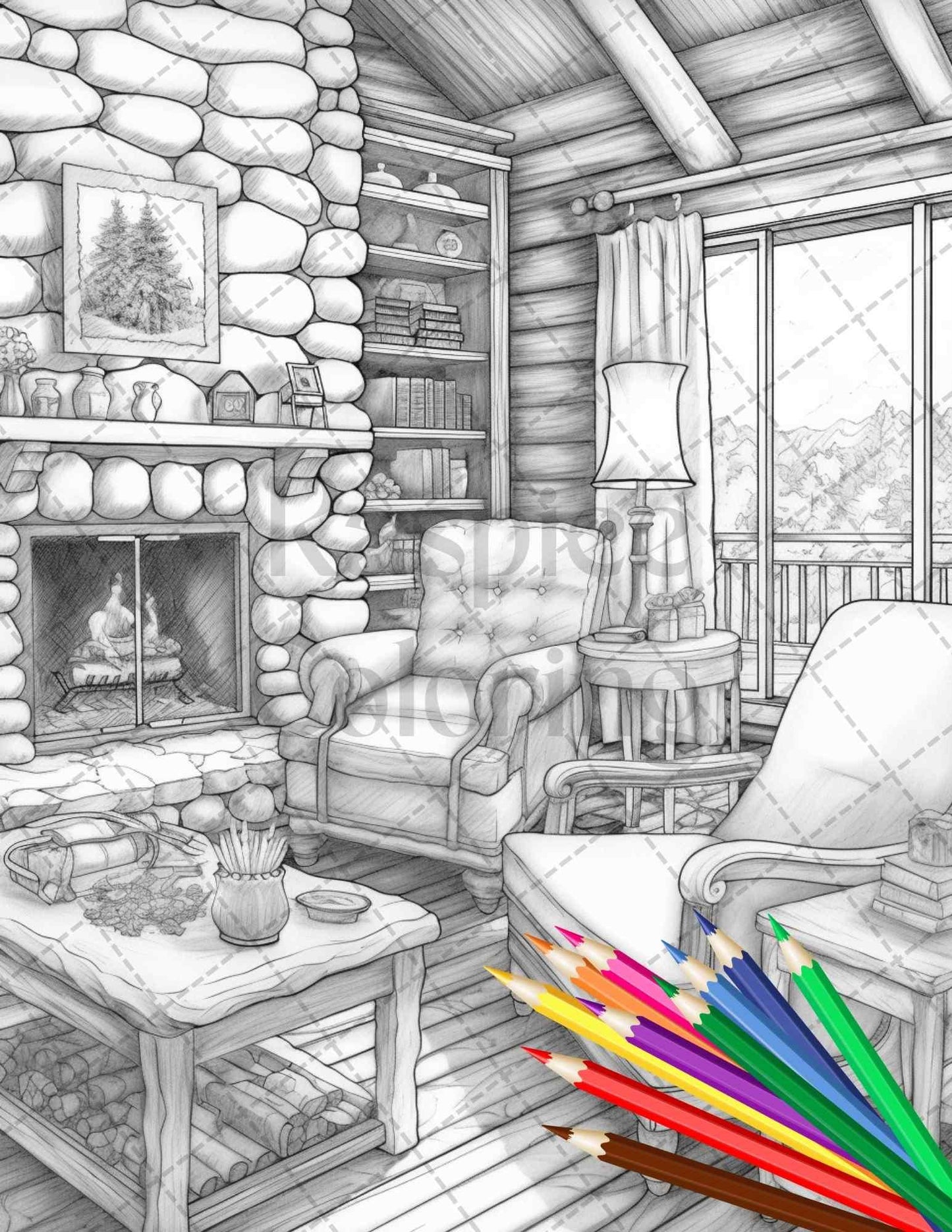 Cozy Cabin Interior Grayscale Coloring Pages Printable for Adults, PDF File Instant Download