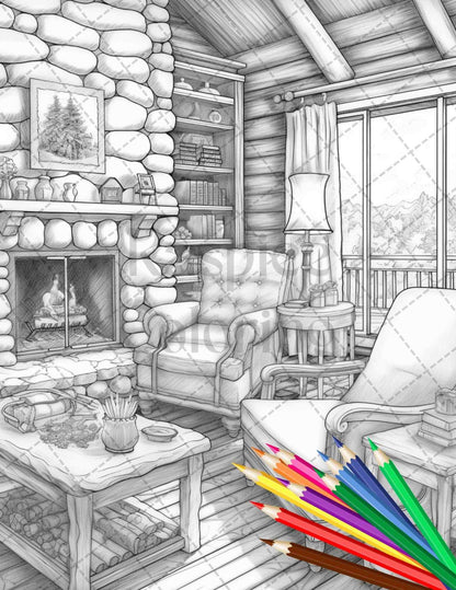 Cozy Cabin Interior Grayscale Coloring Pages Printable for Adults, PDF File Instant Download