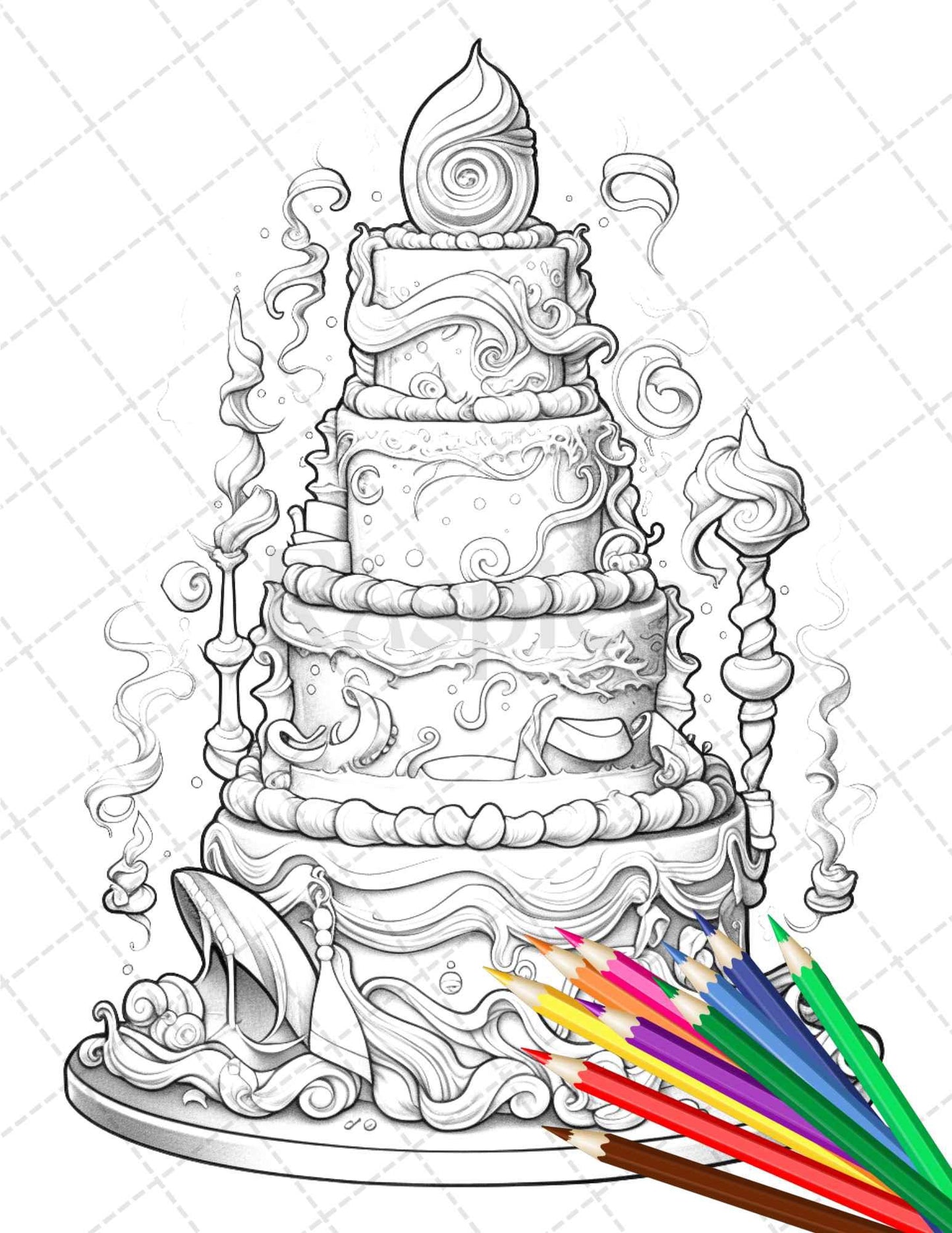 38 Whimsical Cakes Grayscale Coloring Pages for Adults, PDF File Instant Download