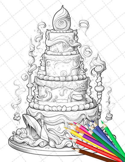 38 Whimsical Cakes Grayscale Coloring Pages for Adults, PDF File Instant Download