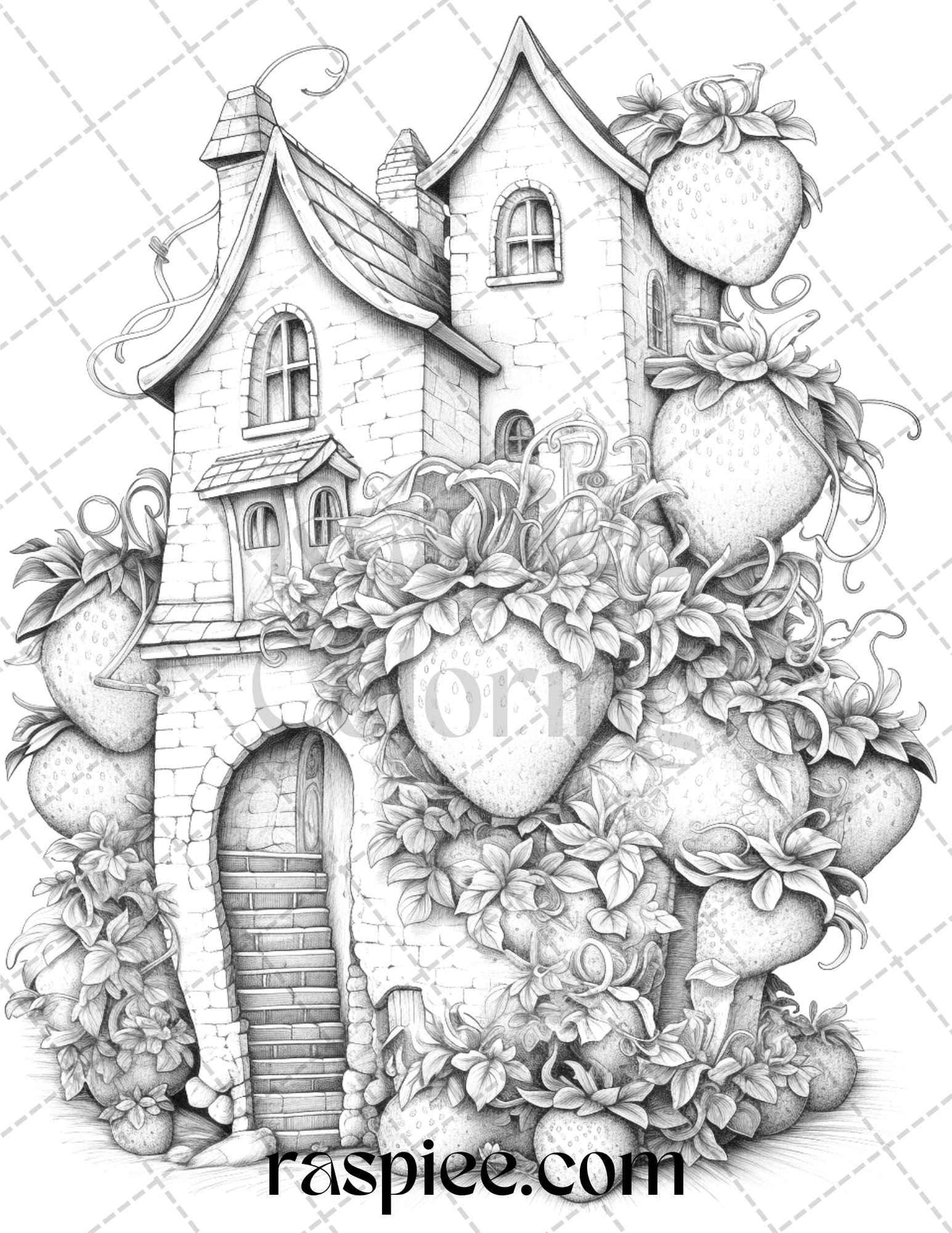 50 Strawberry Houses Grayscale Coloring Pages Printable for Adults Kids, PDF File Instant Download