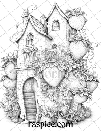 50 Strawberry Houses Grayscale Coloring Pages Printable for Adults Kids, PDF File Instant Download