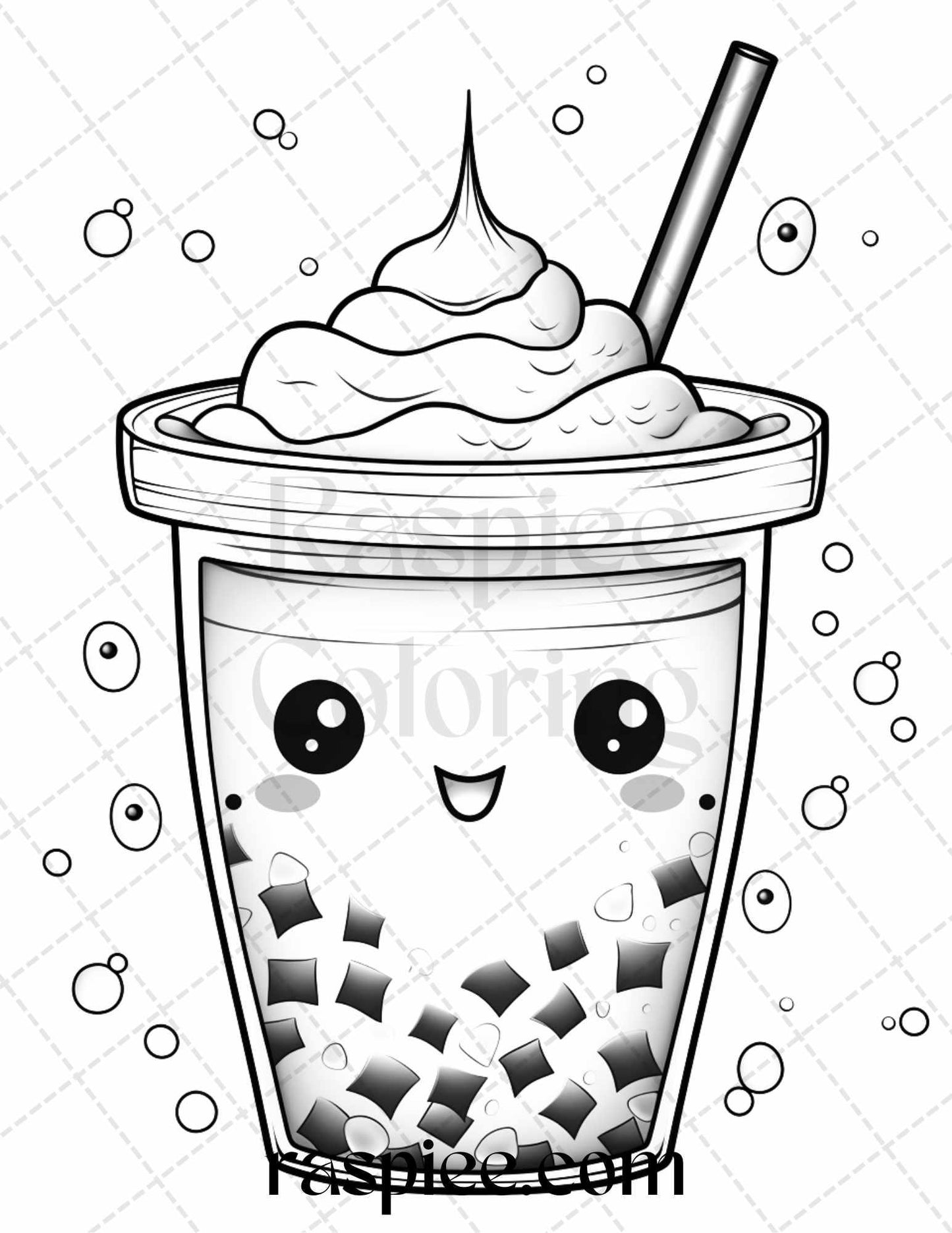 50 Cute Kawaii Boba Tea Grayscale Coloring Pages for Adults and Kids, Printable PDF File Instant Download