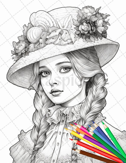 36 Beautiful Victorian Girls Coloring Pages Printable for Adults, Grayscale Coloring Page, PDF File Instant Download