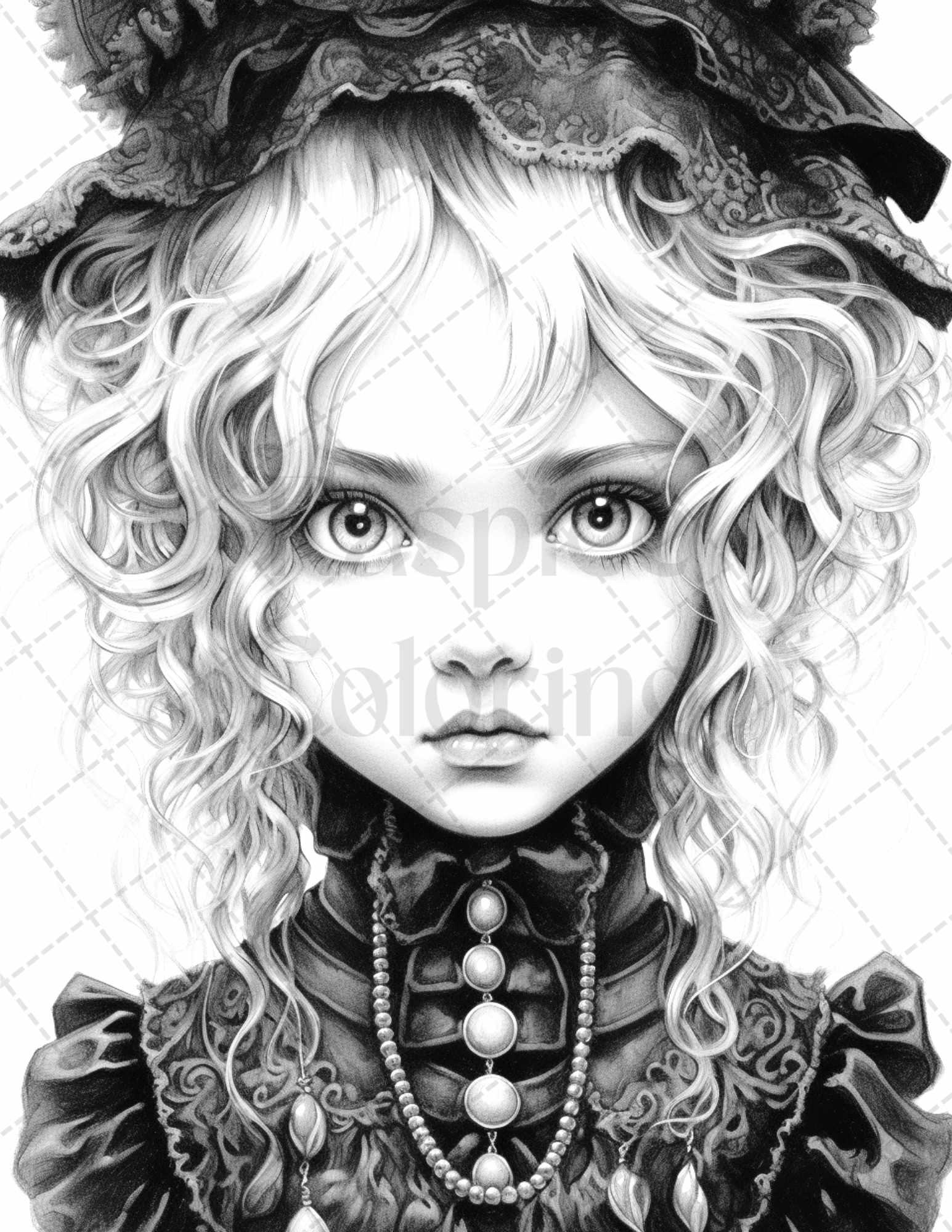 60 Adorable Gothic Girls Grayscale Coloring Pages Printable for Adults, PDF File Instant Download