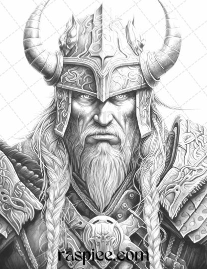55 Viking Warriors Portrait Grayscale Coloring Pages Printable for Adults, PDF File Instant Download