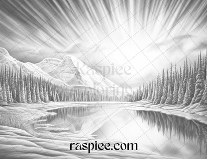 Aurora Borealis Landscape Grayscale Coloring Pages for Adults, Printable PDF File Instant Download