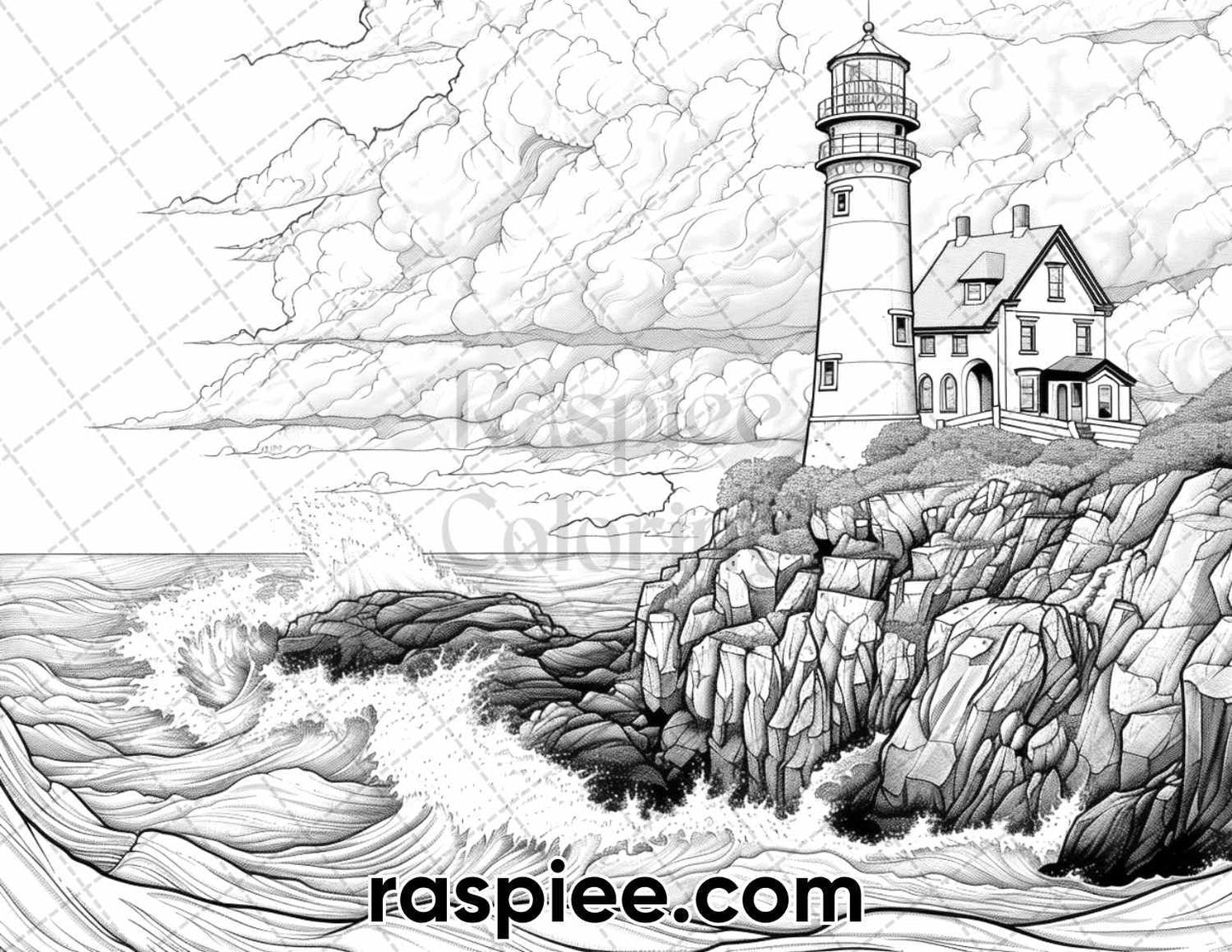 65 Coastal Landscapes Grayscale Adult Coloring Pages, Printable PDF Instant Download