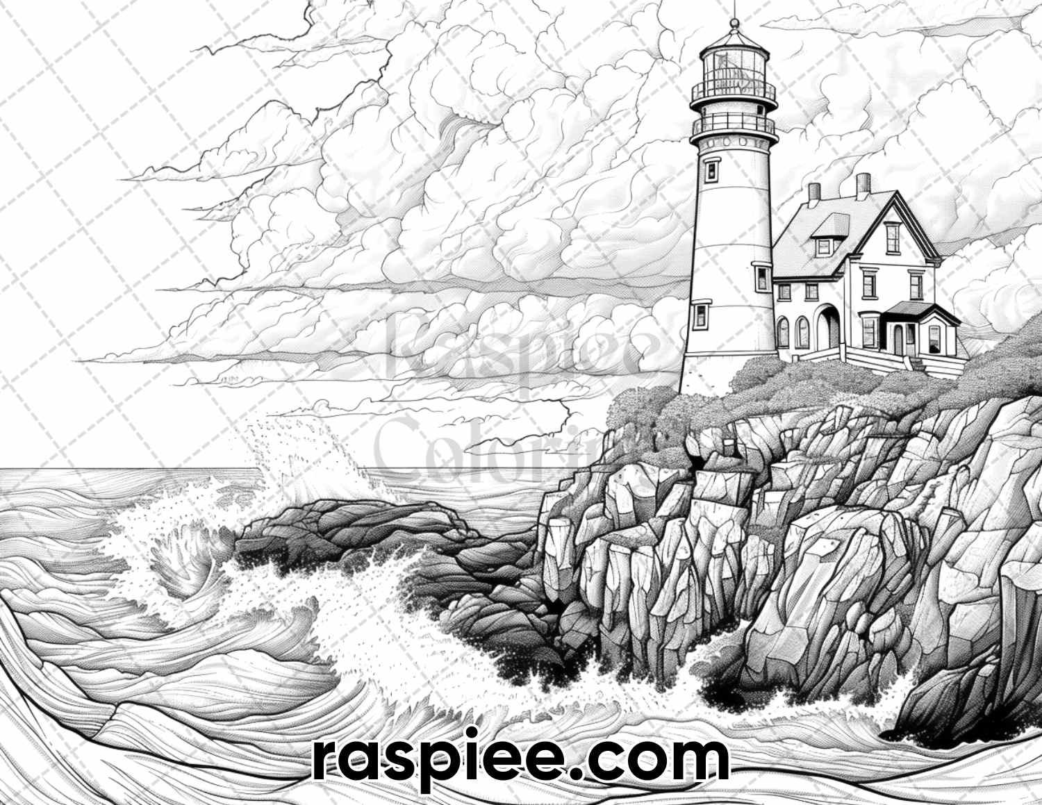 65 Coastal Landscapes Grayscale Adult Coloring Pages, Printable PDF Instant Download