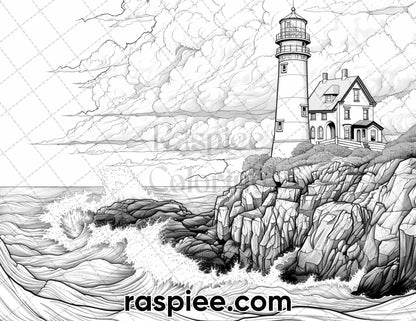 65 Coastal Landscapes Grayscale Adult Coloring Pages, Printable PDF Instant Download