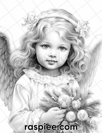 55 Christmas Angel Grayscale Coloring Pages for Adults, Printable PDF Instant Download