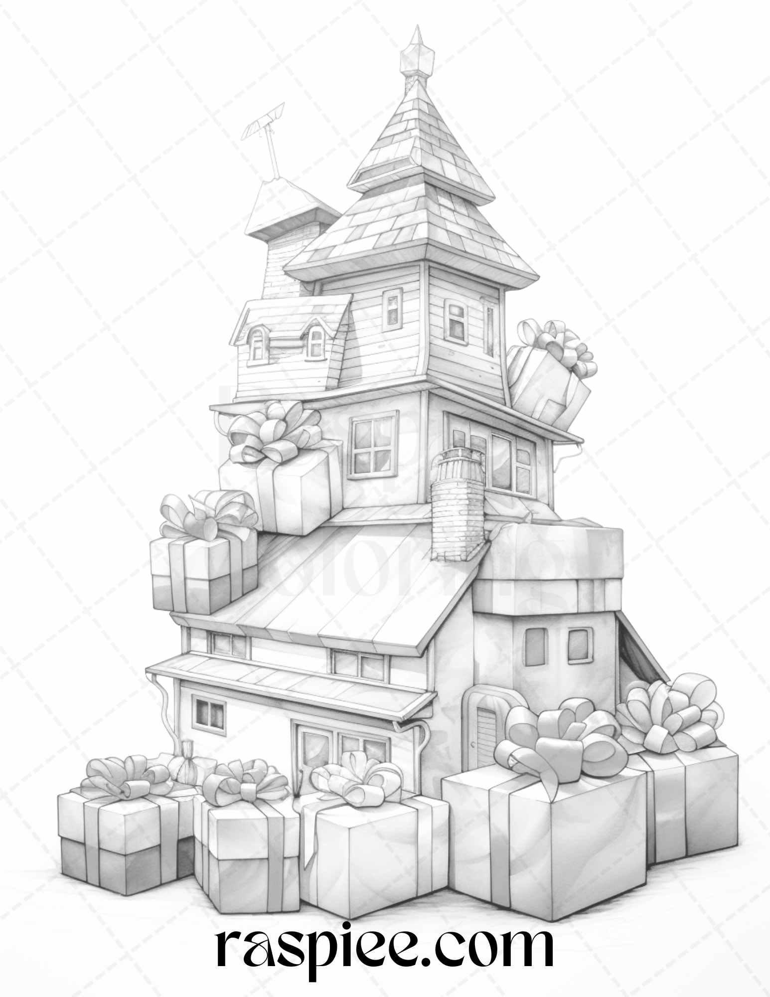 40 Adorable Gift Box Houses Grayscale Coloring Pages Printable for Adults Kids, PDF File Instant Download