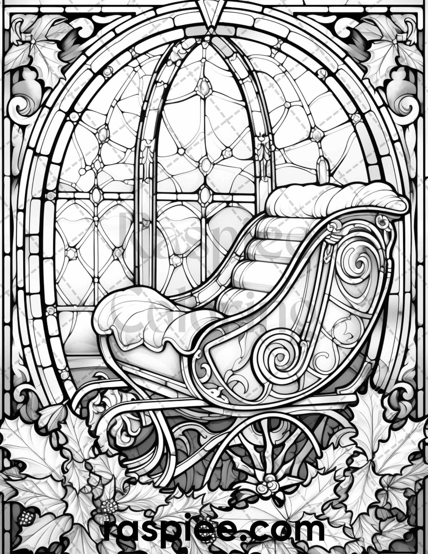 50 Christmas Stained Glass Grayscale Coloring Pages for Adults, Printable PDF File Instant Download