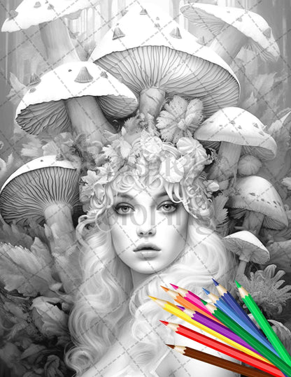 50 Mushroom Fairy Grayscale Coloring Pages Printable for Adults, PDF File Instant Download