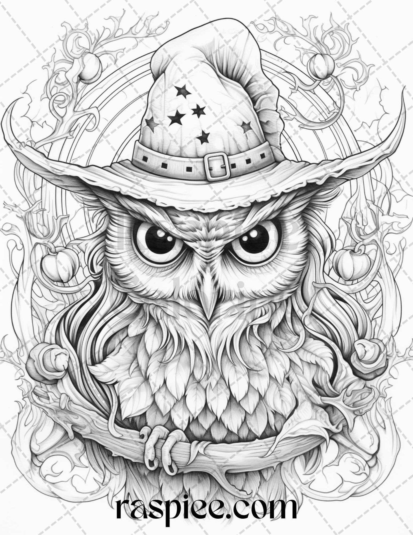 Halloween Witch Owl Grayscale Coloring Pages for Adults and Kids, Printable PDF Instant Download