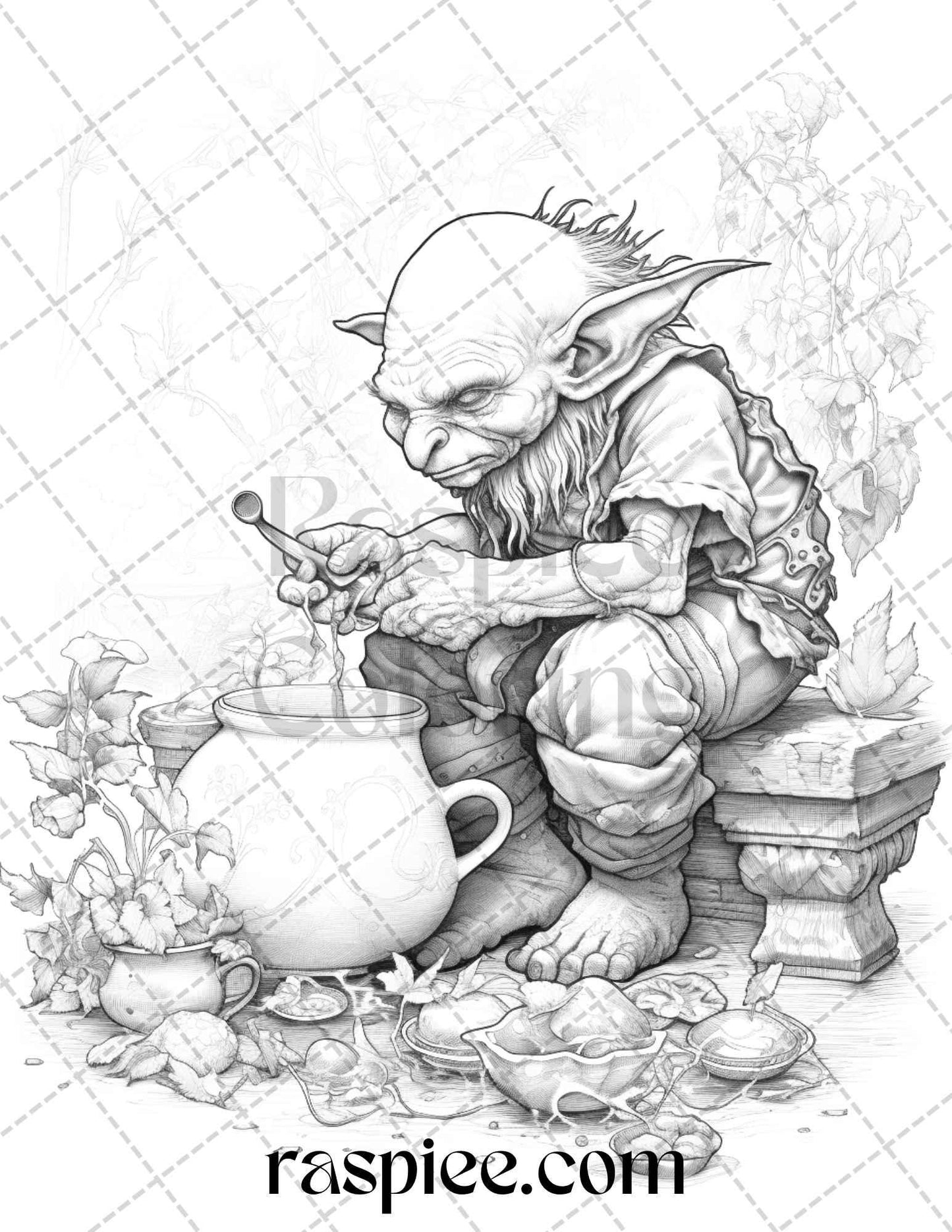 Fantasy Goblins Grayscale Coloring Pages Printable for Adults, PDF File Instant Download