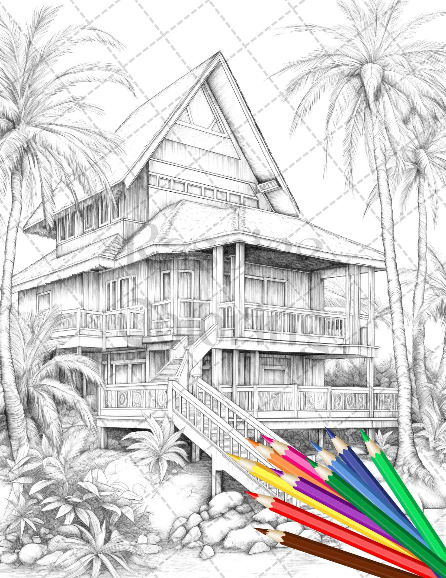 Beautiful Tropical Beach Grayscale Coloring Pages Printable for Adults, PDF File Instant Download