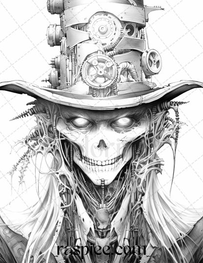 53 Scary Steampunk Scarecrows Grayscale Coloring Pages Printable for Adults, PDF File Instant Download