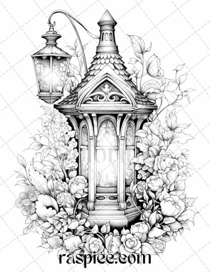 50 Lantern Fairy Houses Grayscale Coloring Pages Printable for Adults, PDF File Instant Download