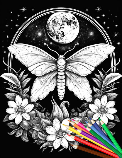 32 Beautiful Moths and Floral Coloring Book for Adults, Grayscale Coloring Page, Printable PDF Instant Download