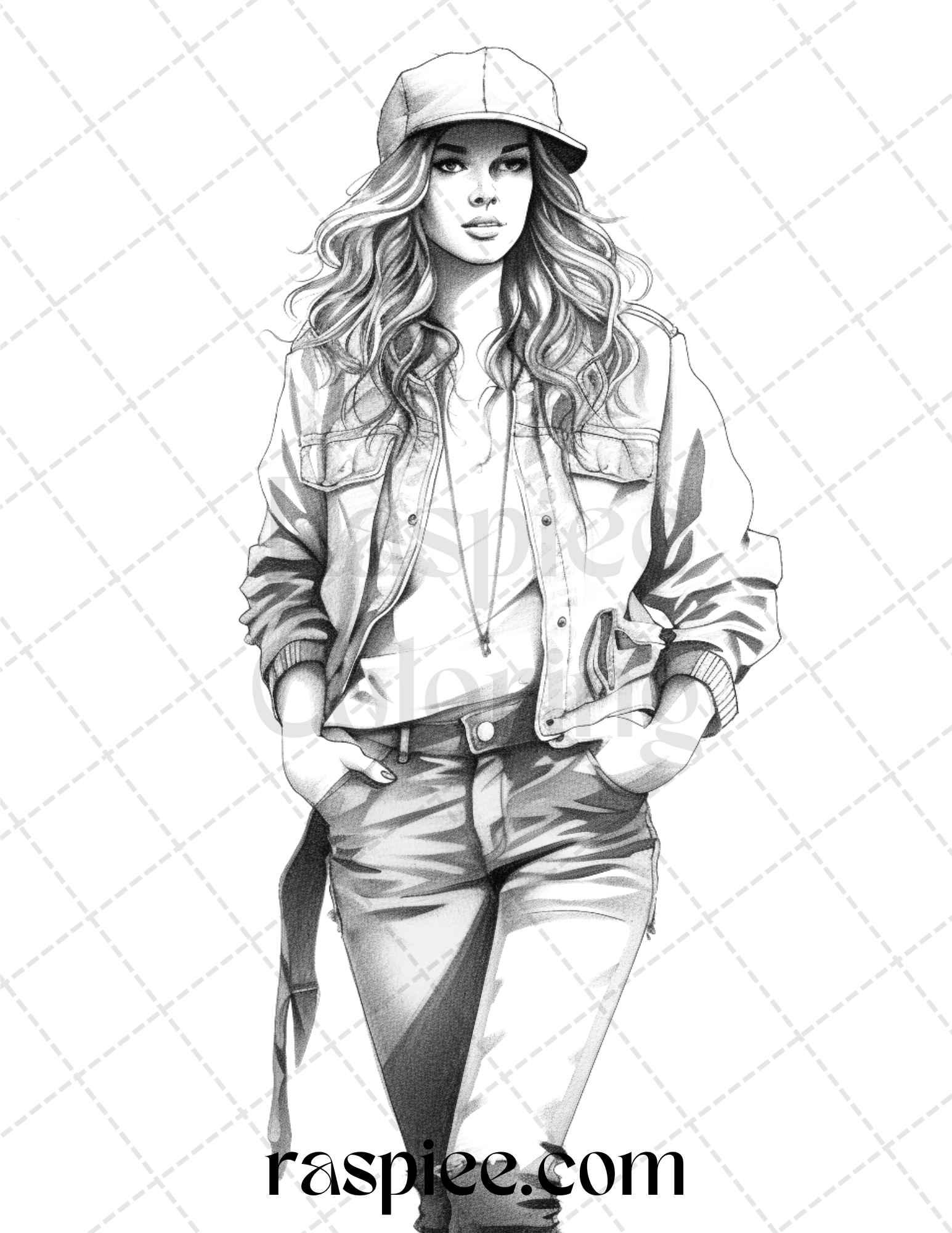 50 Streetwear Fashion Grayscale Coloring Pages Printable for Adults, PDF File Instant Download