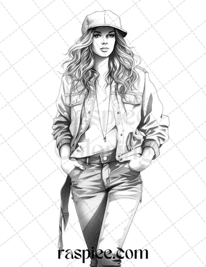 50 Streetwear Fashion Grayscale Coloring Pages Printable for Adults, PDF File Instant Download