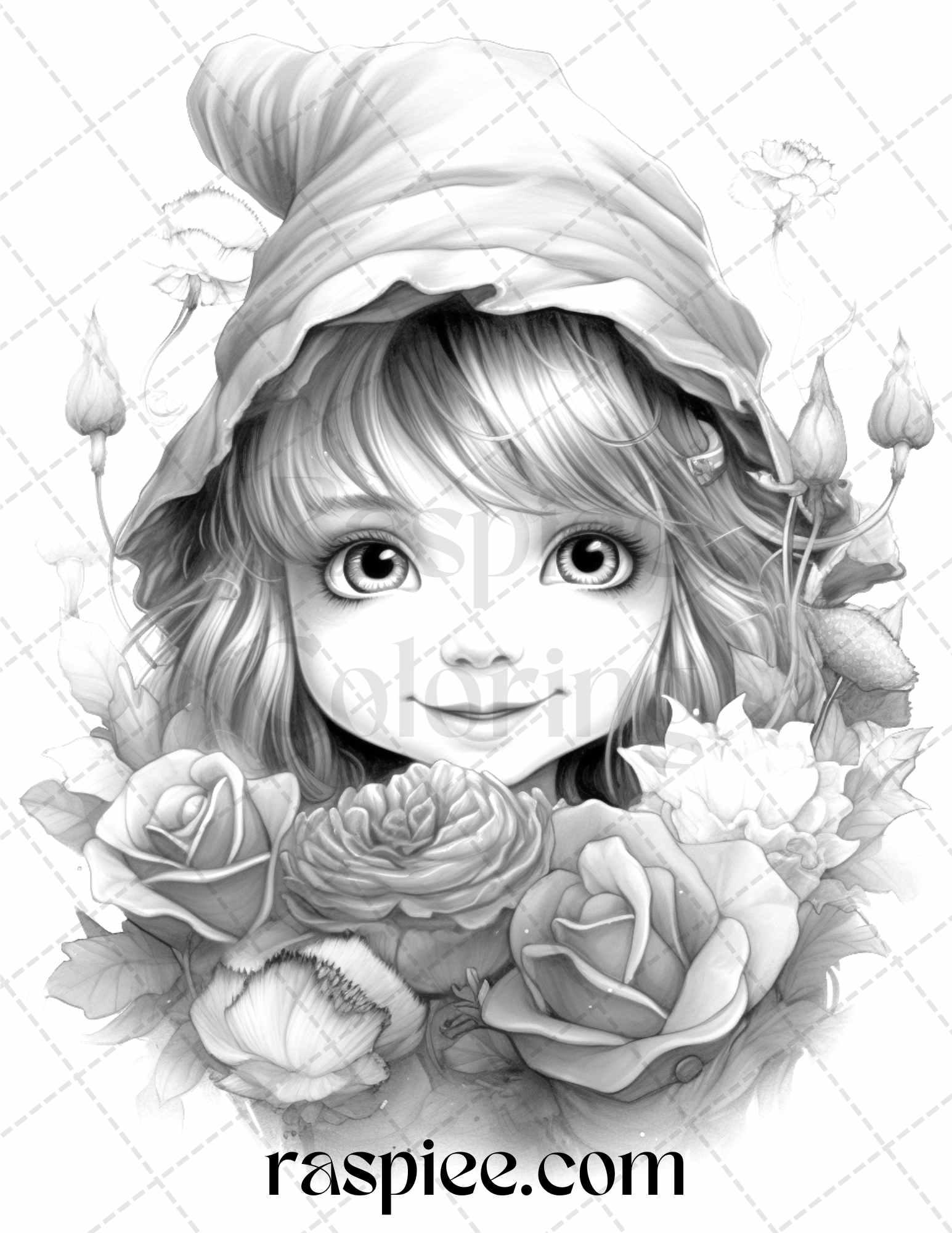 50 Flower Gnomes Grayscale Coloring Pages Printable for Adults Kids, PDF File Instant Download