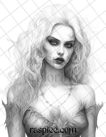 Bewitching Vampires Grayscale Coloring Pages Printable for Adults, PDF File Instant Download