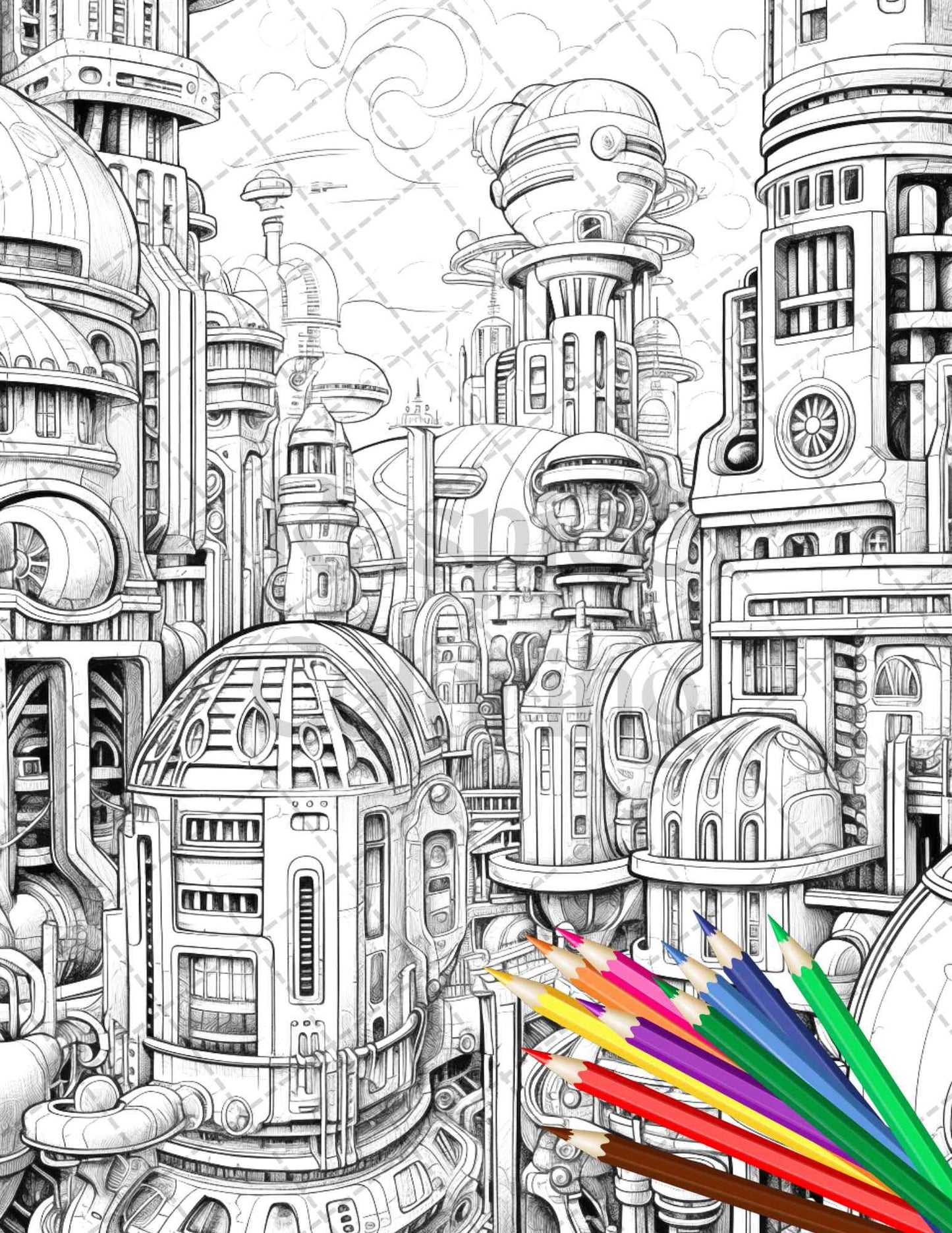 50 Futuristic Metropolis Grayscale Coloring Pages Printable for Adults, PDF File Instant Download