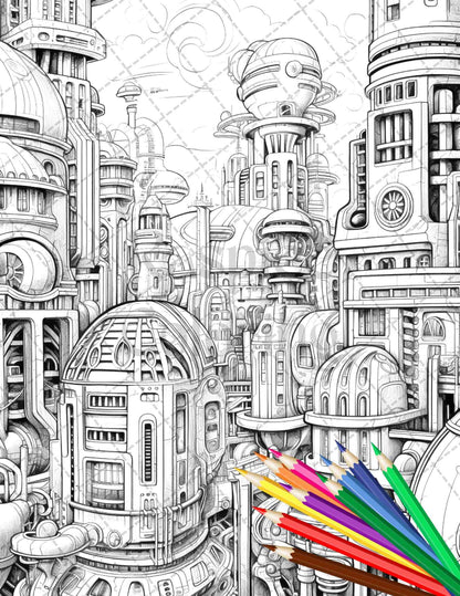 50 Futuristic Metropolis Grayscale Coloring Pages Printable for Adults, PDF File Instant Download