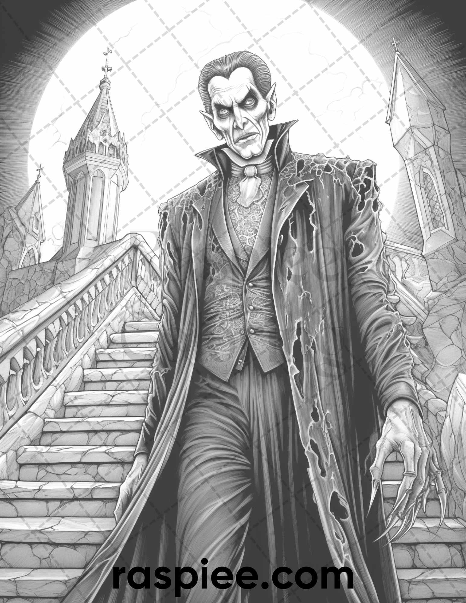 50 Count Dracula Grayscale Coloring Pages Printable for Adults, PDF File Instant Download