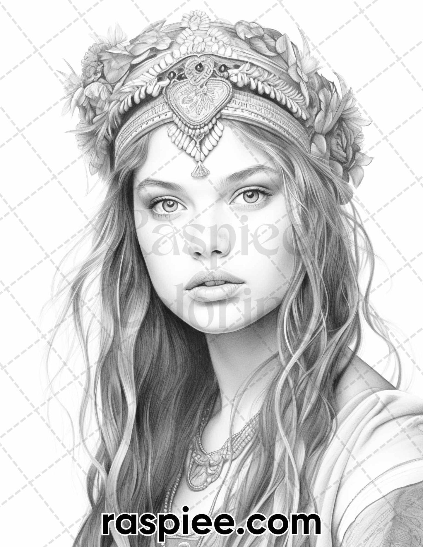 60 Bohemian Beauties Grayscale Coloring Pages for Adults, Printable PDF Instant Download