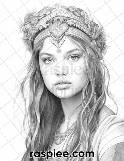 60 Bohemian Beauties Grayscale Coloring Pages for Adults, Printable PDF Instant Download