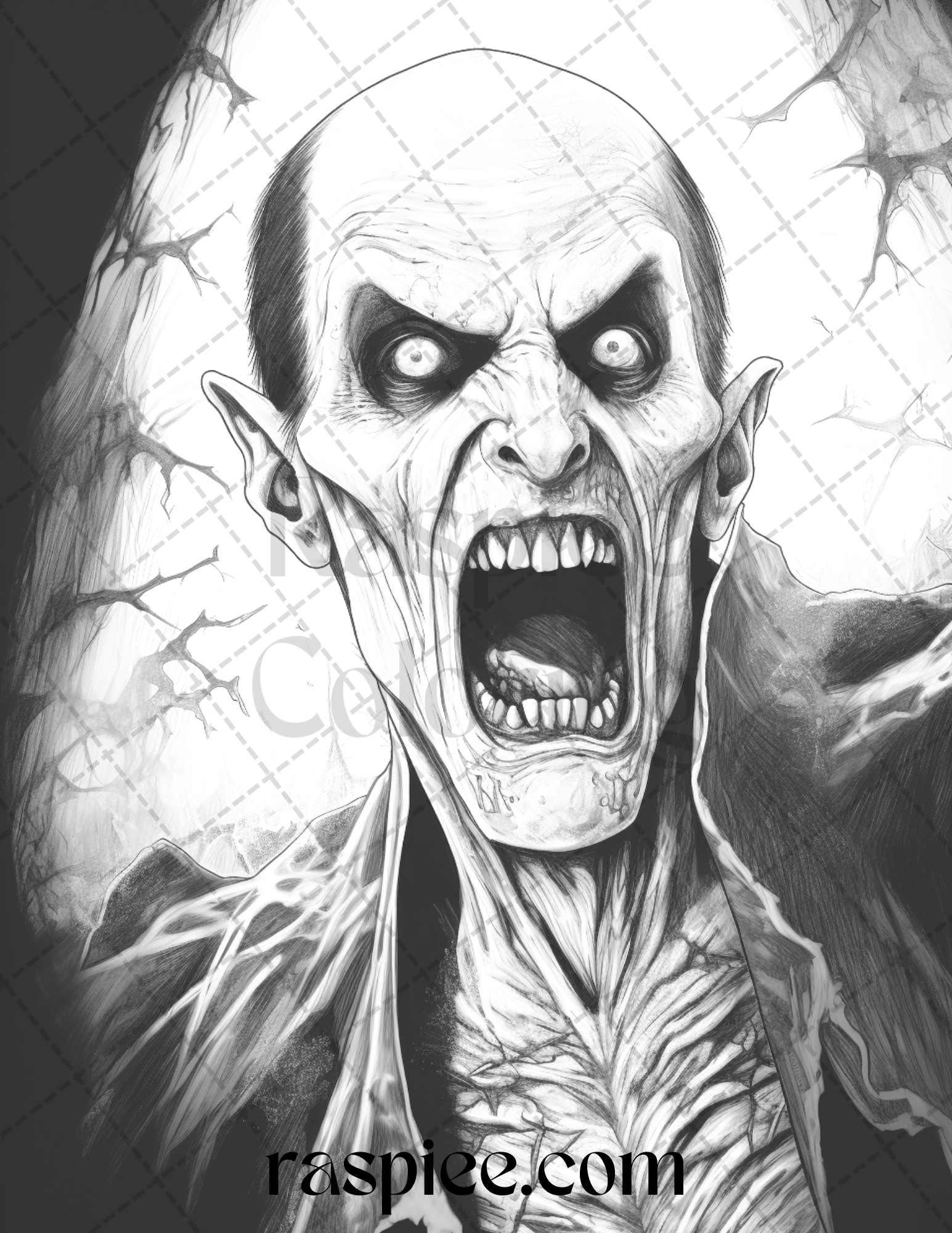 60 Halloween Vampire Grayscale Coloring Pages Printable for Adults, PDF File Instant Download