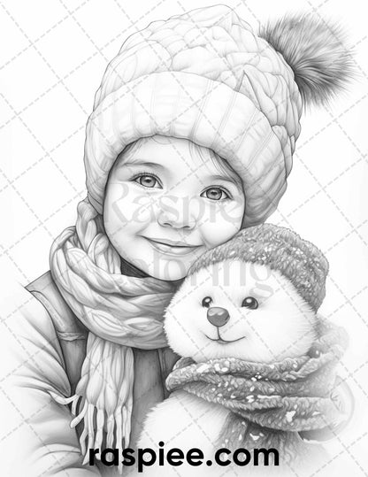 50 Baby Winter Portrait Grayscale Coloring Pages Printable for Adults, PDF File Instant Download