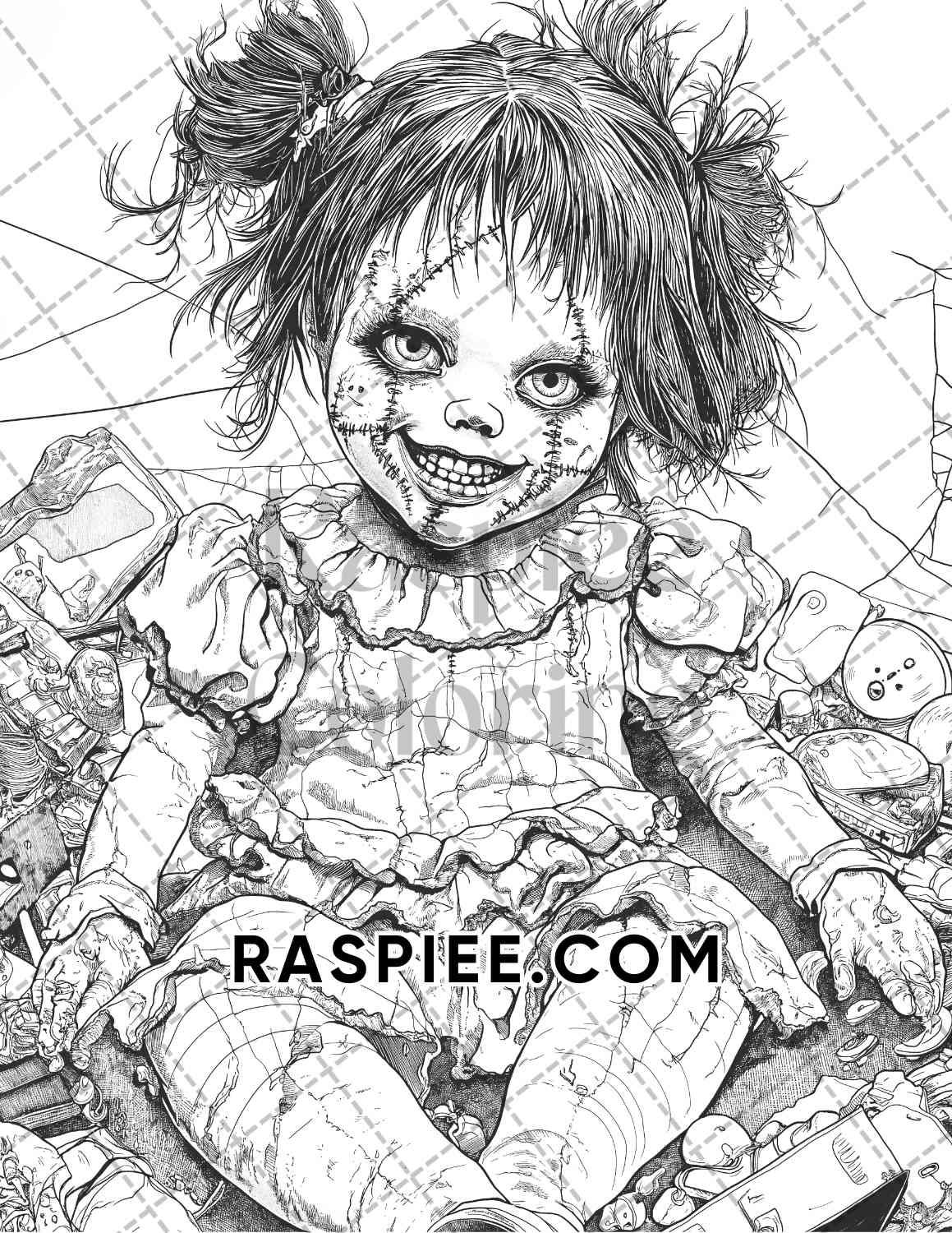 Haunted Dolls Halloween Horror Adult Coloring Pages Printable PDF Instant Download