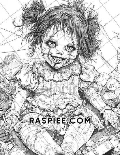 Haunted Dolls Halloween Horror Adult Coloring Pages Printable PDF Instant Download