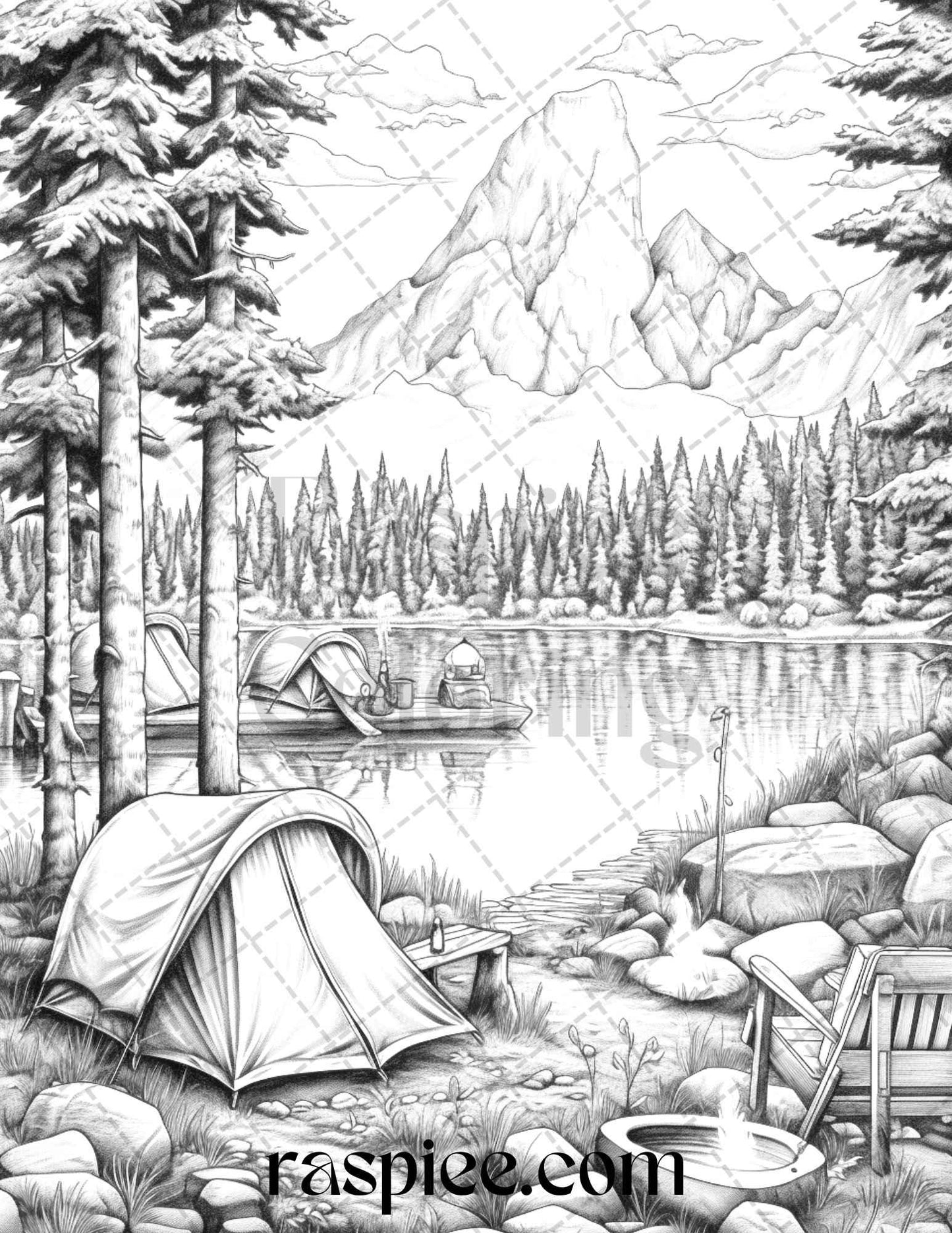Nature Camping Grayscale Coloring Pages Printable, Relaxing Outdoor Scenes, PDF File Instant Download